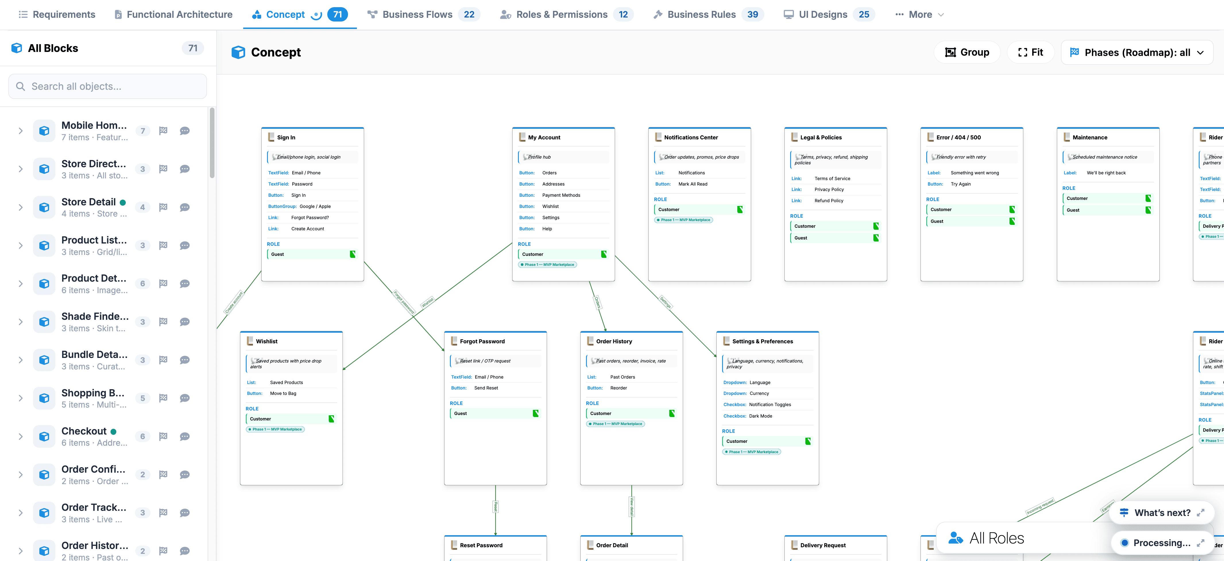 Concept Interactive Node Canvas and All Blocks Sidebar