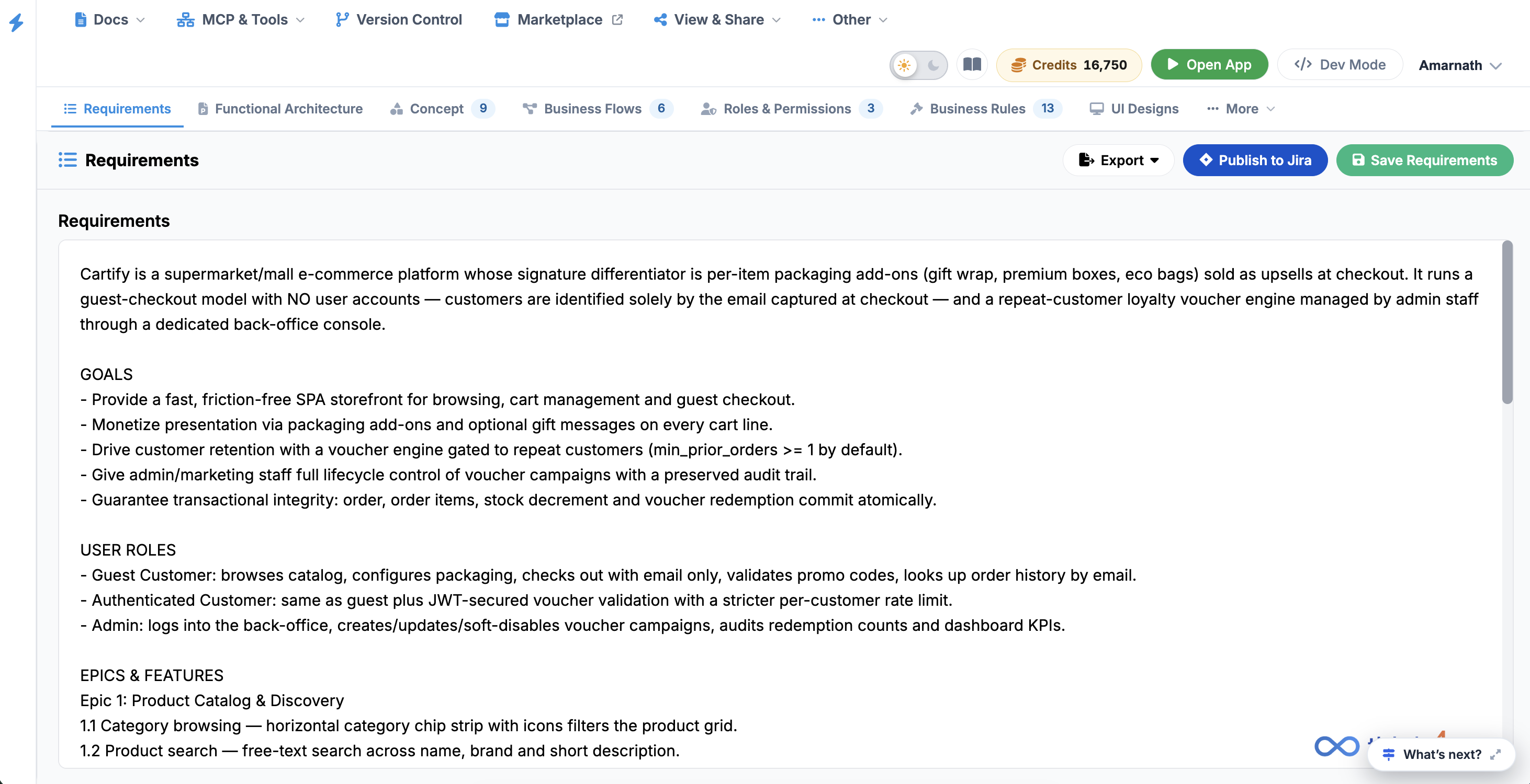 Requirements Tab Interface and Actions