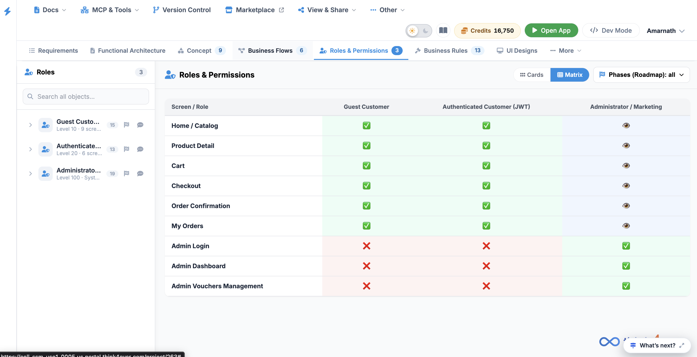 Roles & Permissions Matrix View