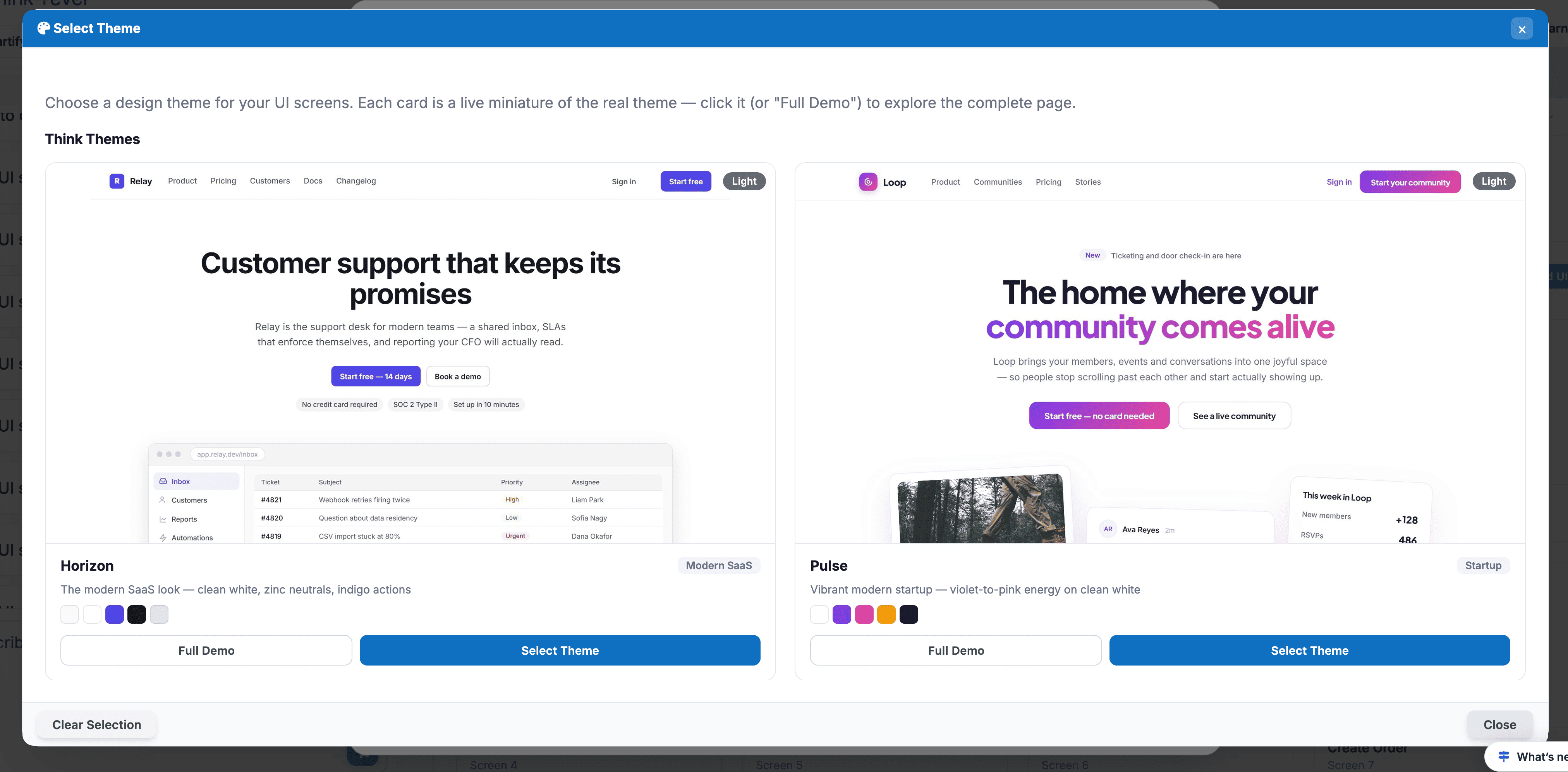 Theme Selection modal